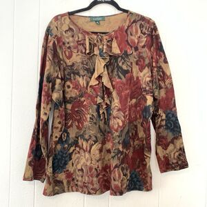 Vtg Lauren Ralph Lauren 2X Top Shirt Dark Floral Henley Ruffle Neck Long Sleeve